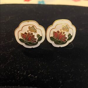 Gold tone and Red Lotus Cloisonné Clip on Earrings